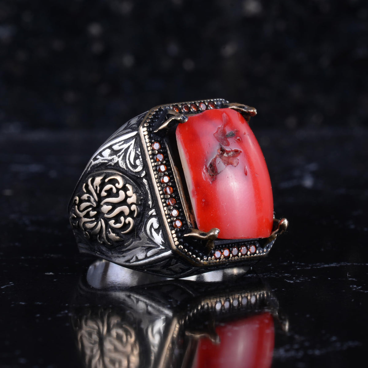 KAMBO Natural Red Coral Large Men's Ring - 925 Sterling Silver Rectangular Seal Ring, Handmade Vintage Jewelry — 6