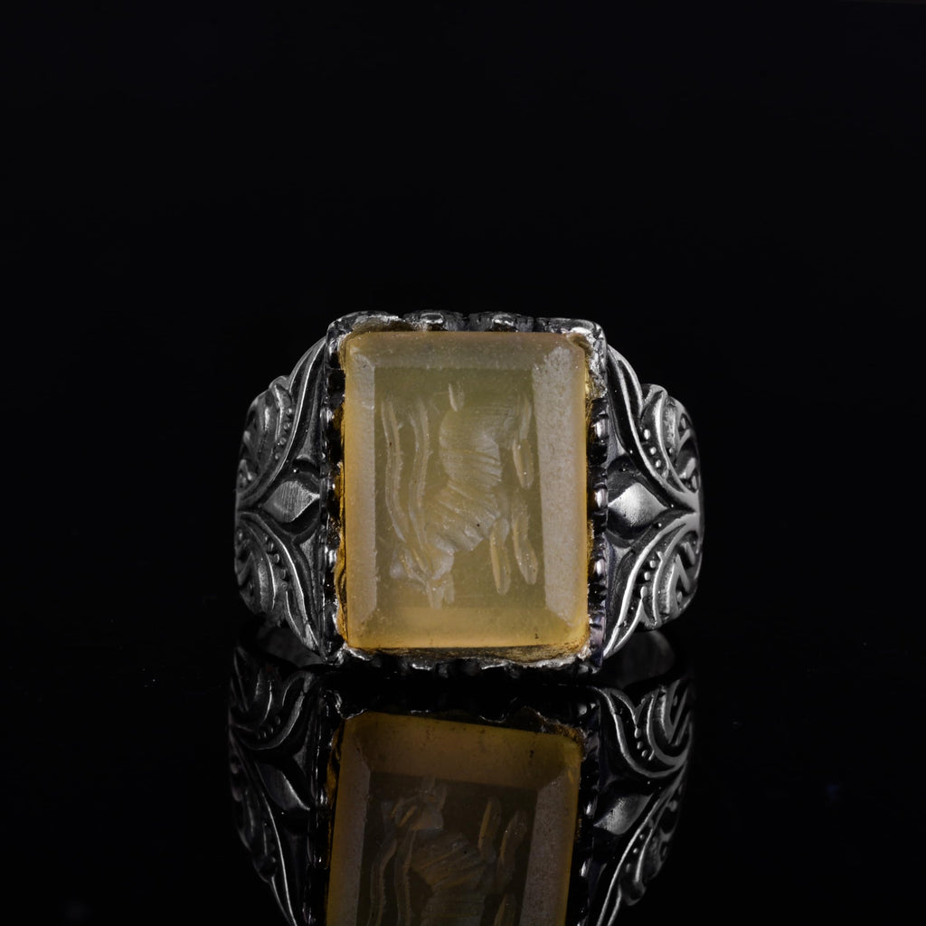 KAMBO Natural Agate Stone Men's Ring – Square Stone Vintage Design 925 Sterling Silver Handmade Ring — 3