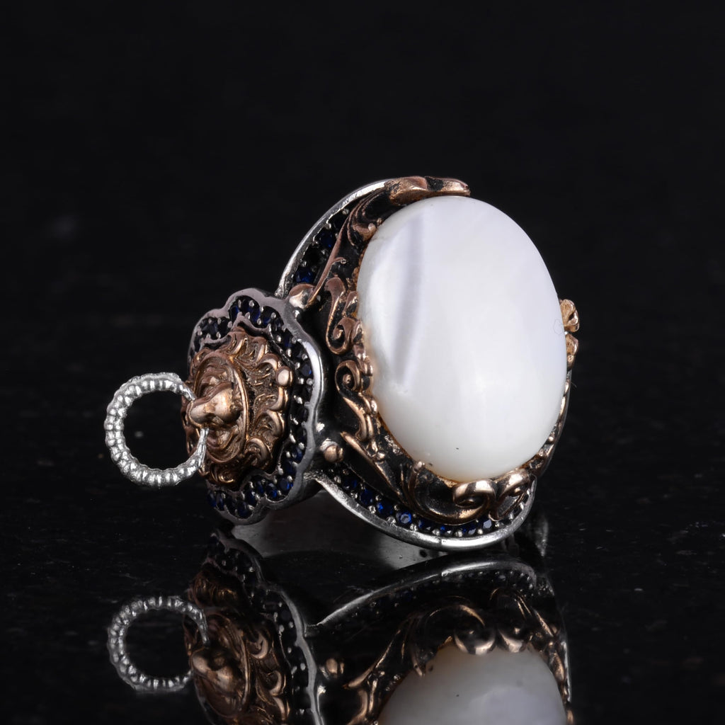 Lion Head Men's Ring, Natural Pearl Stone Ring - 925 Sterling Silver Ring — 6