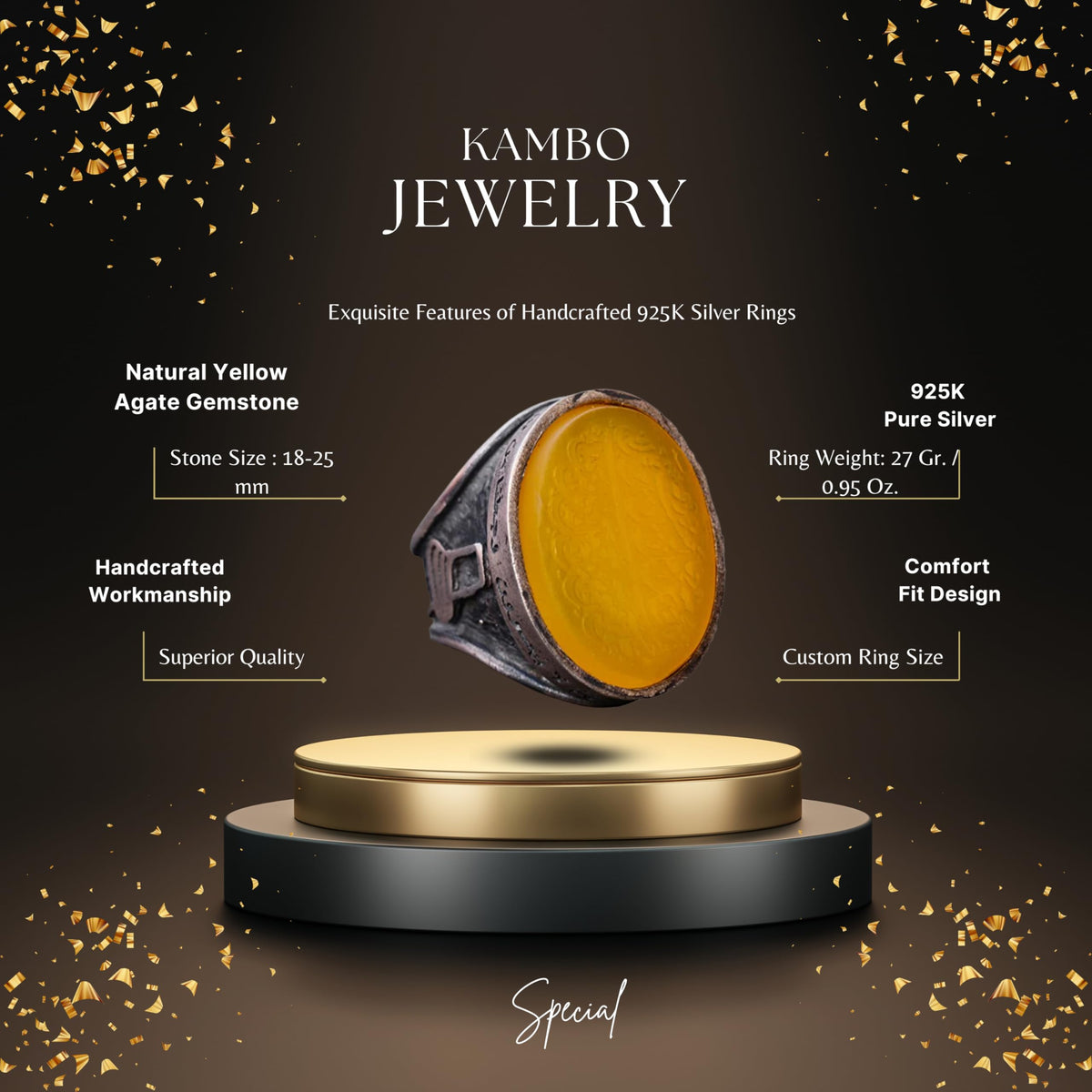 Natural Amber Stone Ring, 10.00 Carat, Islamic Ring, Silver Ring — 2