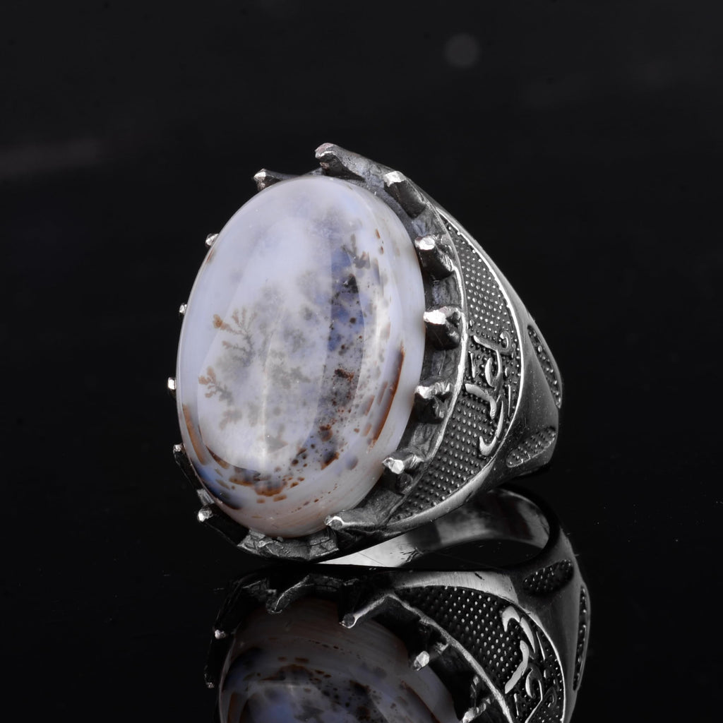 KAMBO Natural Stone Men's Large Ring – 925 Sterling Silver Ottoman Sword Motif Signet Ring (Yemen Agate) — 5