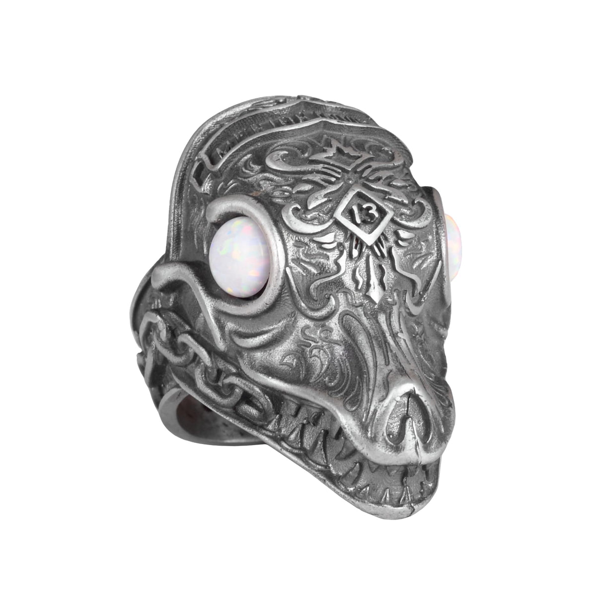 KAMBO Dragon Pattern Heavy 925 Sterling Silver Men's Large Ring - Handmade Animal Figurine Ring (Synthetic White Opal)