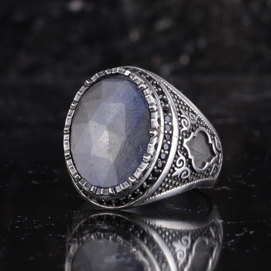 Natural Sapphire Stone Men's Ring 925 Sterling Silver Tooth Frame Black Stone Halo Handmade Statement Ring (Blue Sapphire-1) — 5