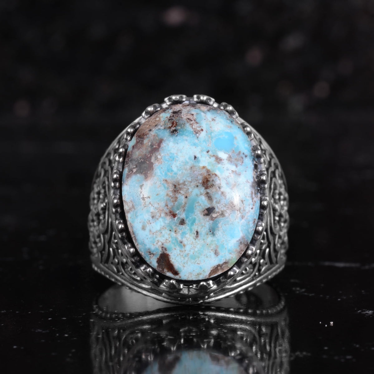 KAMBO Natural Turquoise Stone Men's Ring 925 Sterling Silver Spider Web Pattern Oval Cabochon Vintage Handmade Statement Ring (Turquoise-2) — 4