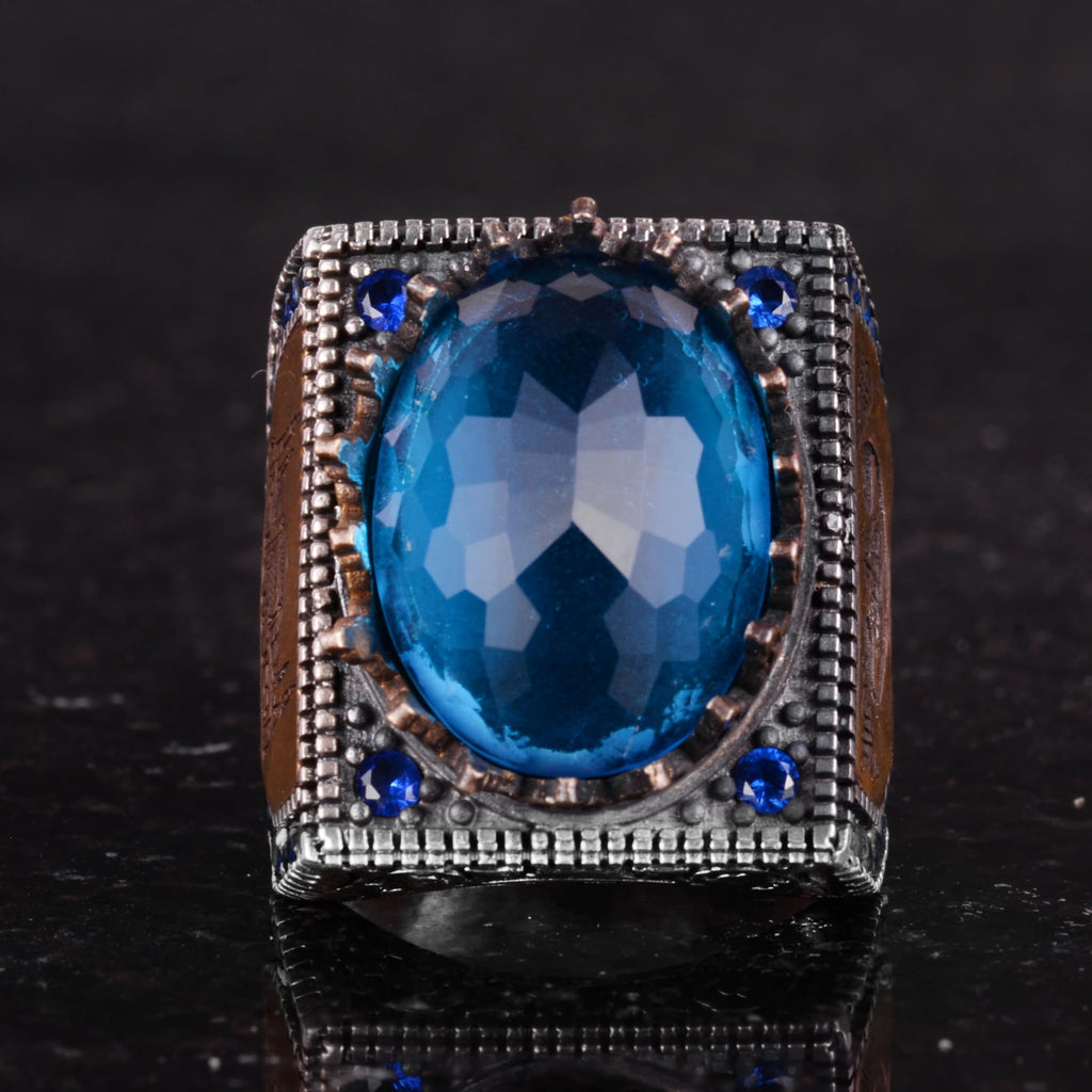 925 Sterling Silver Islamic Ring, Synthetic Stone Ring, Handmade Calligraphy Ring (Synthetic Blue Topaz) — 4