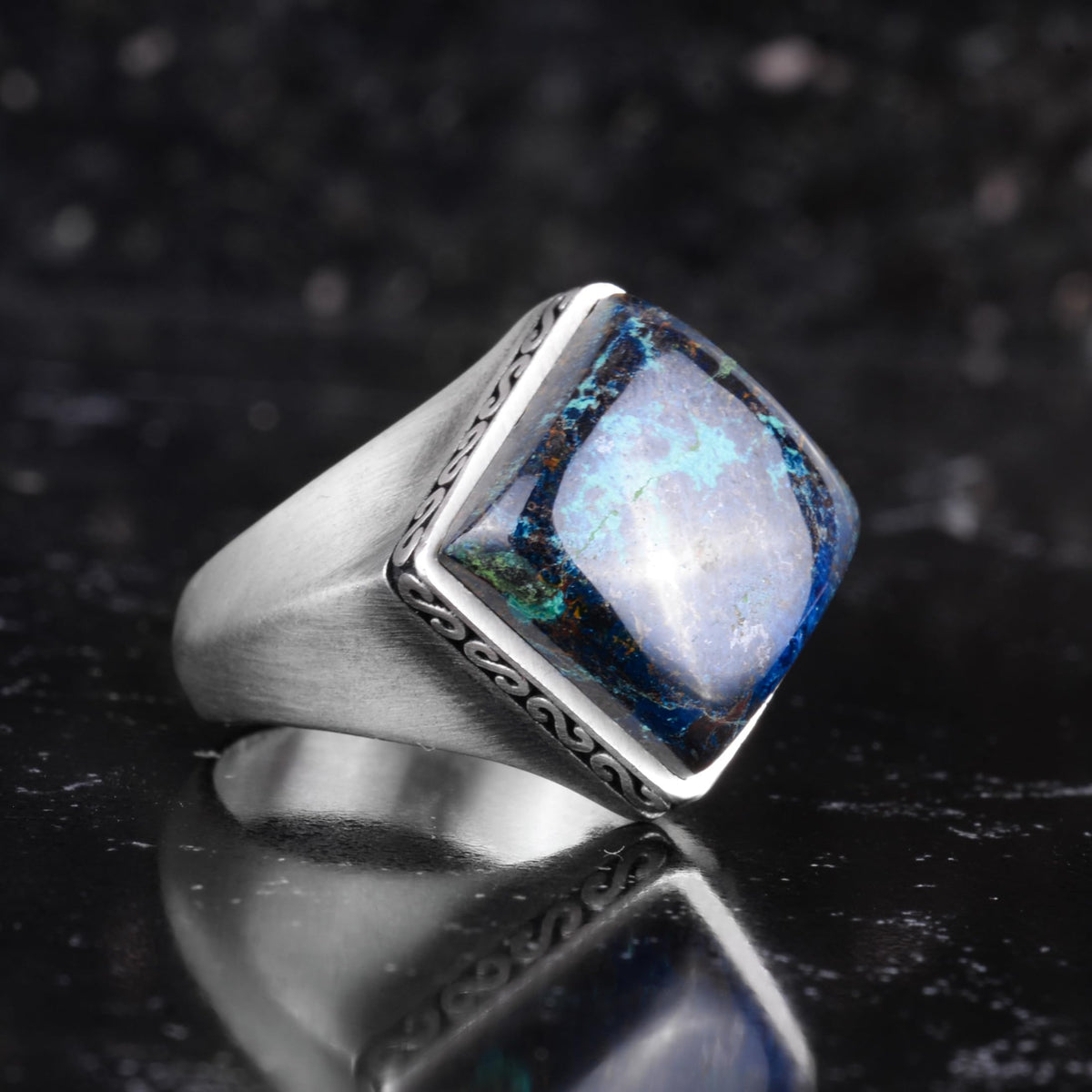 KAMBO Natural Stone Men's Ring 925 Sterling Silver – Square Cut Stone Handmade Minimalist Statement Ring (Pietersite) — 6