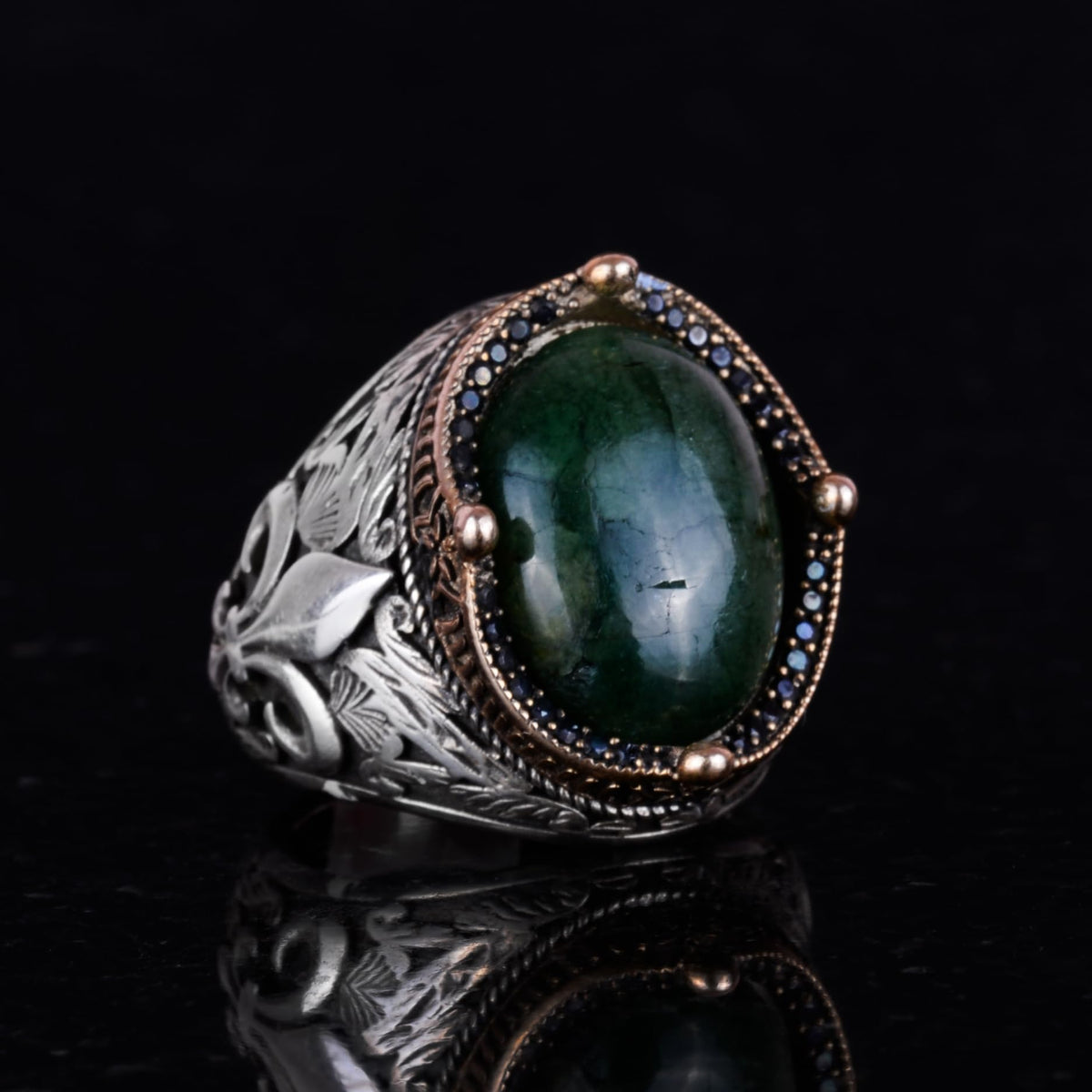 925 Sterling Silver Handmade Men's Ring - Available with Various Natural Stones (Cabochon Emerald) — 3