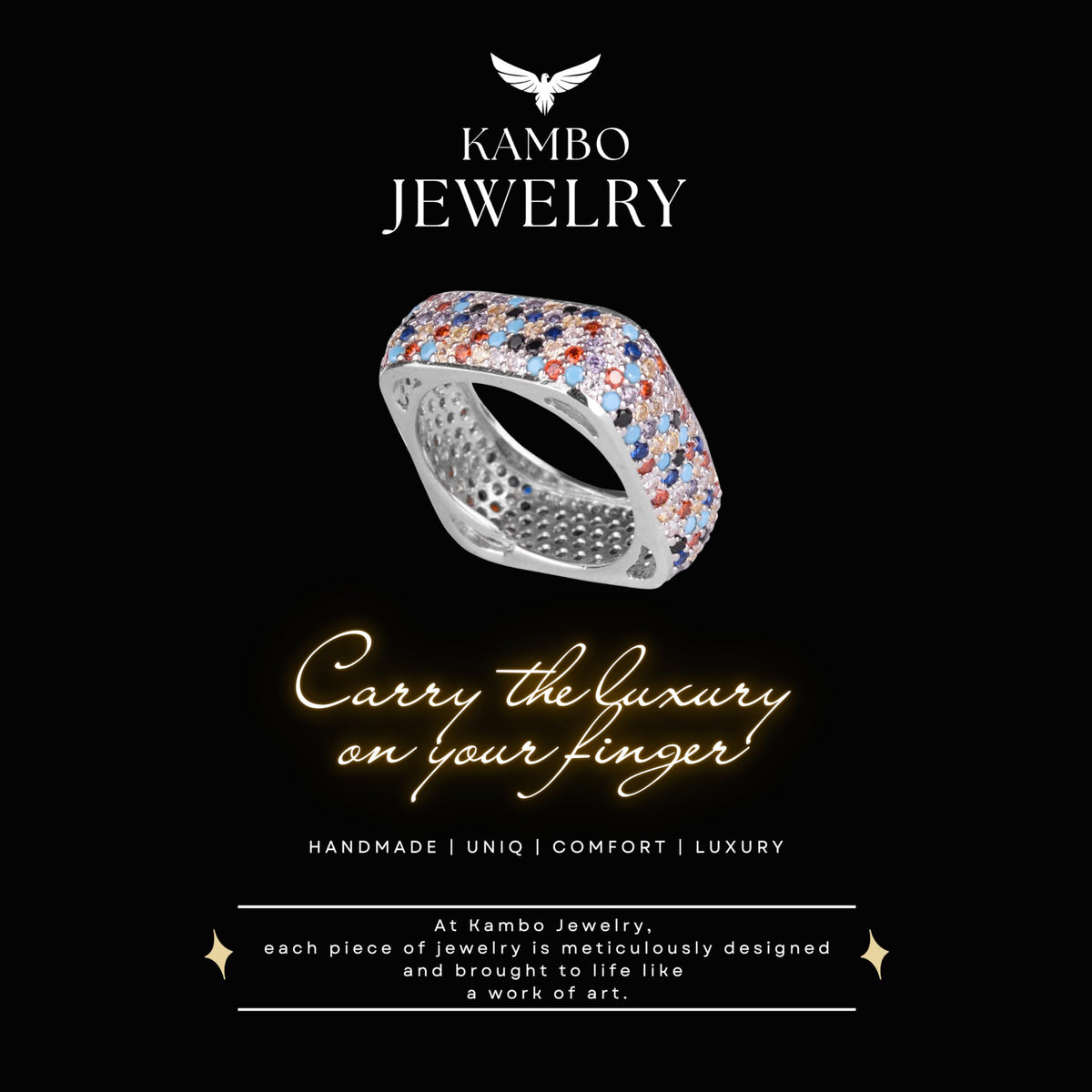 KAMBO 925 Sterling Silver Women's Wide Infinity Band – Rose Gold Plated Multicolored Zircon Ring – Bold Anniversary Jewelry — 8