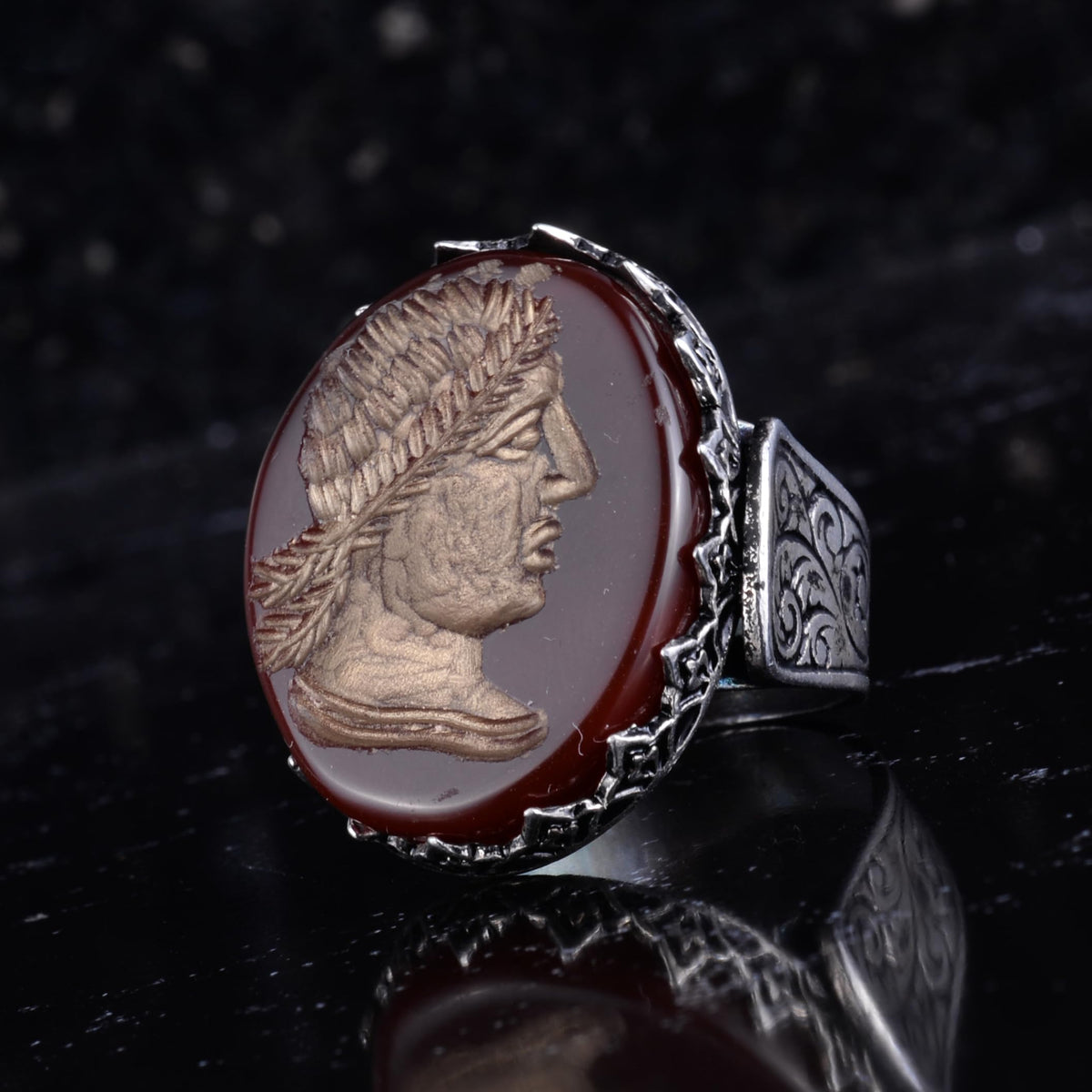 KAMBO Natural Agate Roman Emperor Cameo Large Men's Ring 925 Sterling Silver Caesar Profile Intaglio Vintage Statement Ring — 5