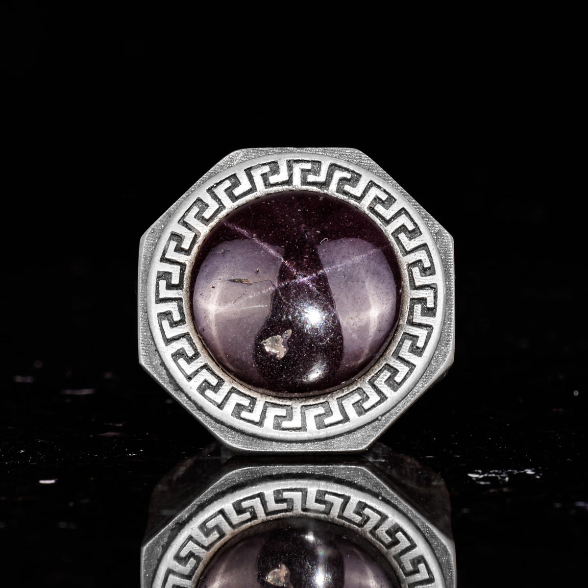925 Sterling Silver Ring - Natural Star Garnet Stone - Greek Pattern — 4