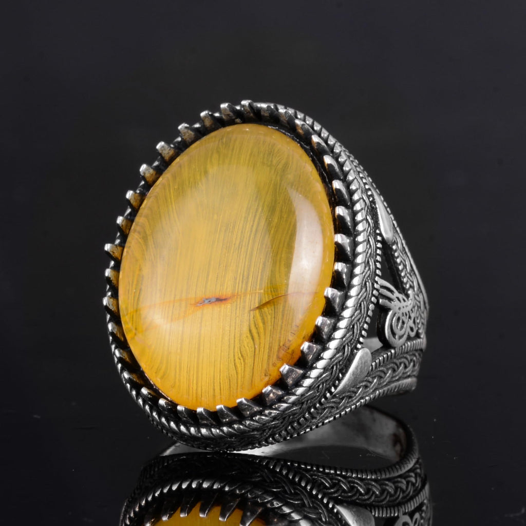 KAMBO Ottoman Tugra Design Natural Amber Stone Ring - 925 Sterling Silver Handmade (Model-5) — 5