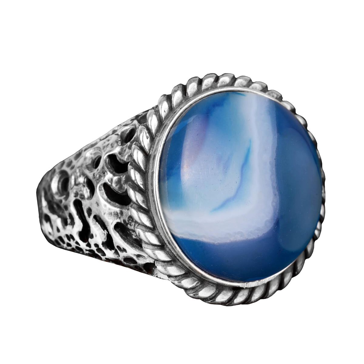 Natural Blue Agate Stone Ring, 925 Sterling Silver Ring