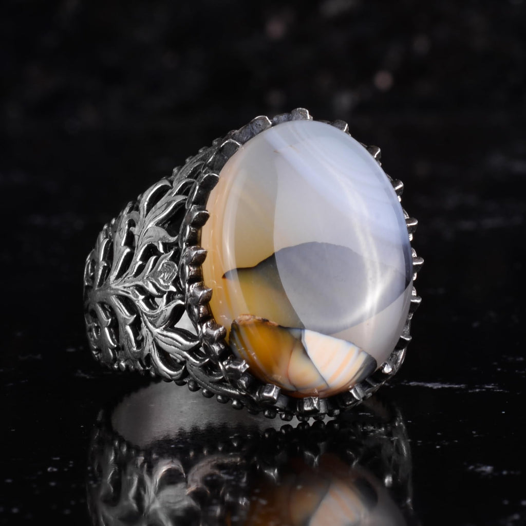 KAMBO Natural Yemen Agate Stone Ring – 925 Sterling Silver Decorative Men's Ring – Handmade Vintage Statement Ring (Yemen Agate-1) — 5