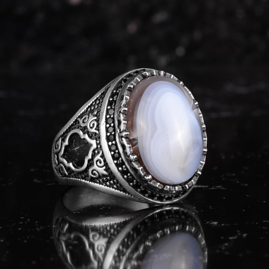 KAMBO Natural Agate Stone Men's Ring – Band Stone – 925 Sterling Silver Handmade Statement Ring – Vintage Ottoman Style Men's Jewelry (Agate-4) — 6