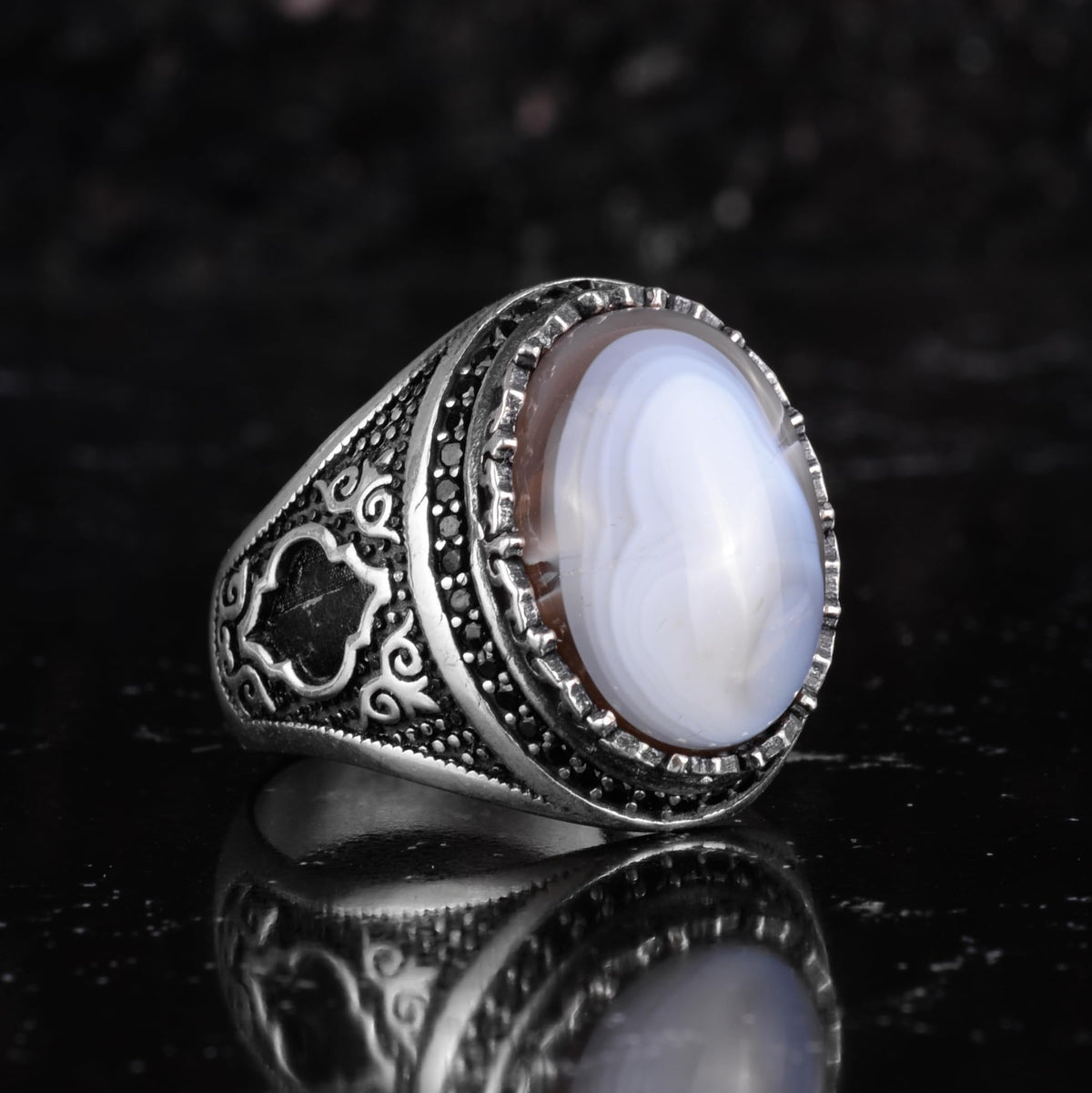KAMBO Natural Agate Stone Men's Ring – Band Stone – 925 Sterling Silver Handmade Statement Ring – Vintage Ottoman Style Men's Jewelry (Agate-4) — 6