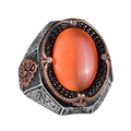 Kambo 925 Sterling Silver Ring - Design Men's Ring with Synthetic Orange Cat's Eye Stone