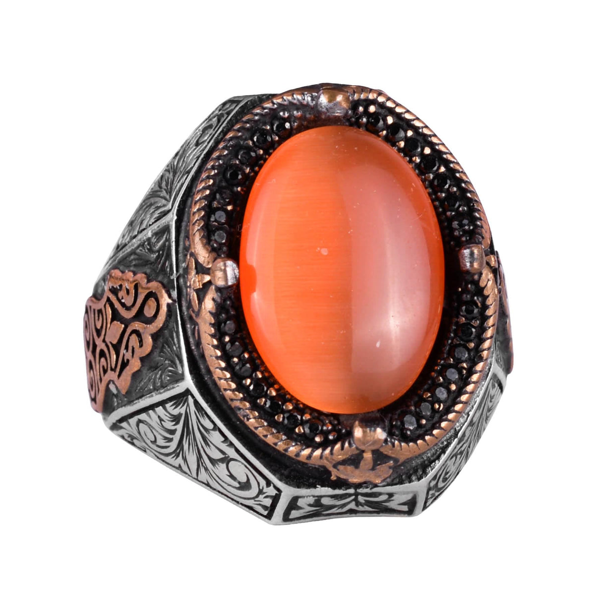 Kambo 925 Sterling Silver Ring - Design Men's Ring with Synthetic Orange Cat's Eye Stone