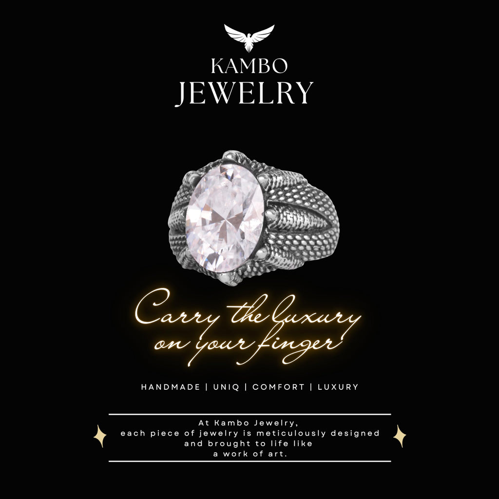 KAMBO Natural Moissanite Stone Men's Ring 925 Sterling Silver – Claw Detailed Designed Oval Cut Statement Ring — 9