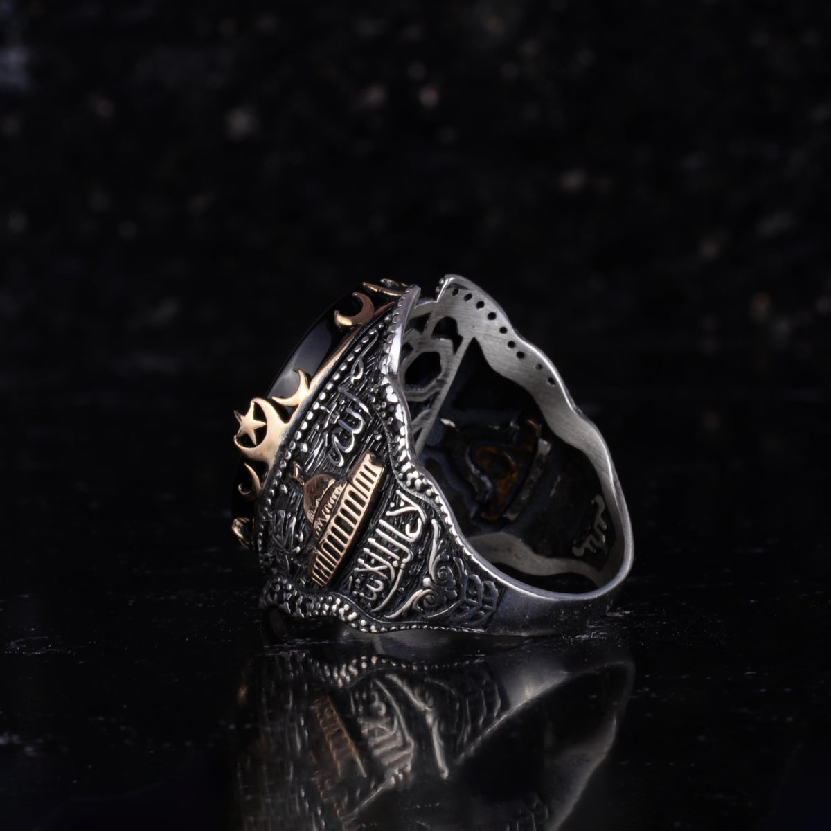 Men's Natural Black Onyx Ring – 925 Sterling Silver Islamic Mosque Design Ring – Handmade Men's Statement Ring — 7