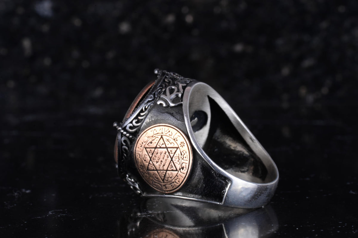 KAMBO Large Men's 925 Sterling Silver Ring – Bronze Star of David Details – Symbolic Statement Ring (Bronze Seal of Solomon) — 7
