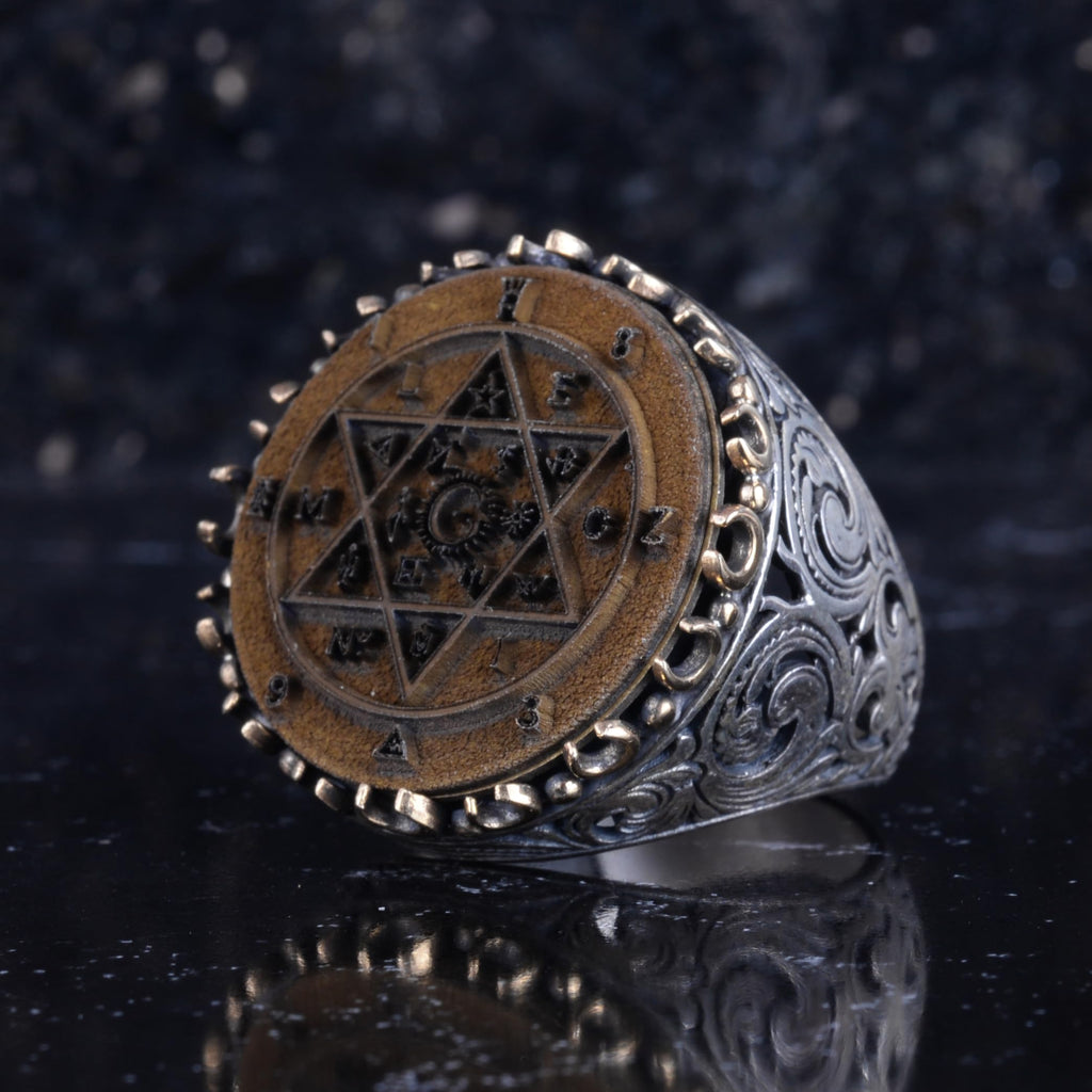 KAMBO Large Men's Ring – 925 Sterling Silver Handmade Ring – Round Ottoman Style Amulet Statement Ring – Vintage Artisan Men's Jewelry (Seal of Solomon Dark Antique) — 5