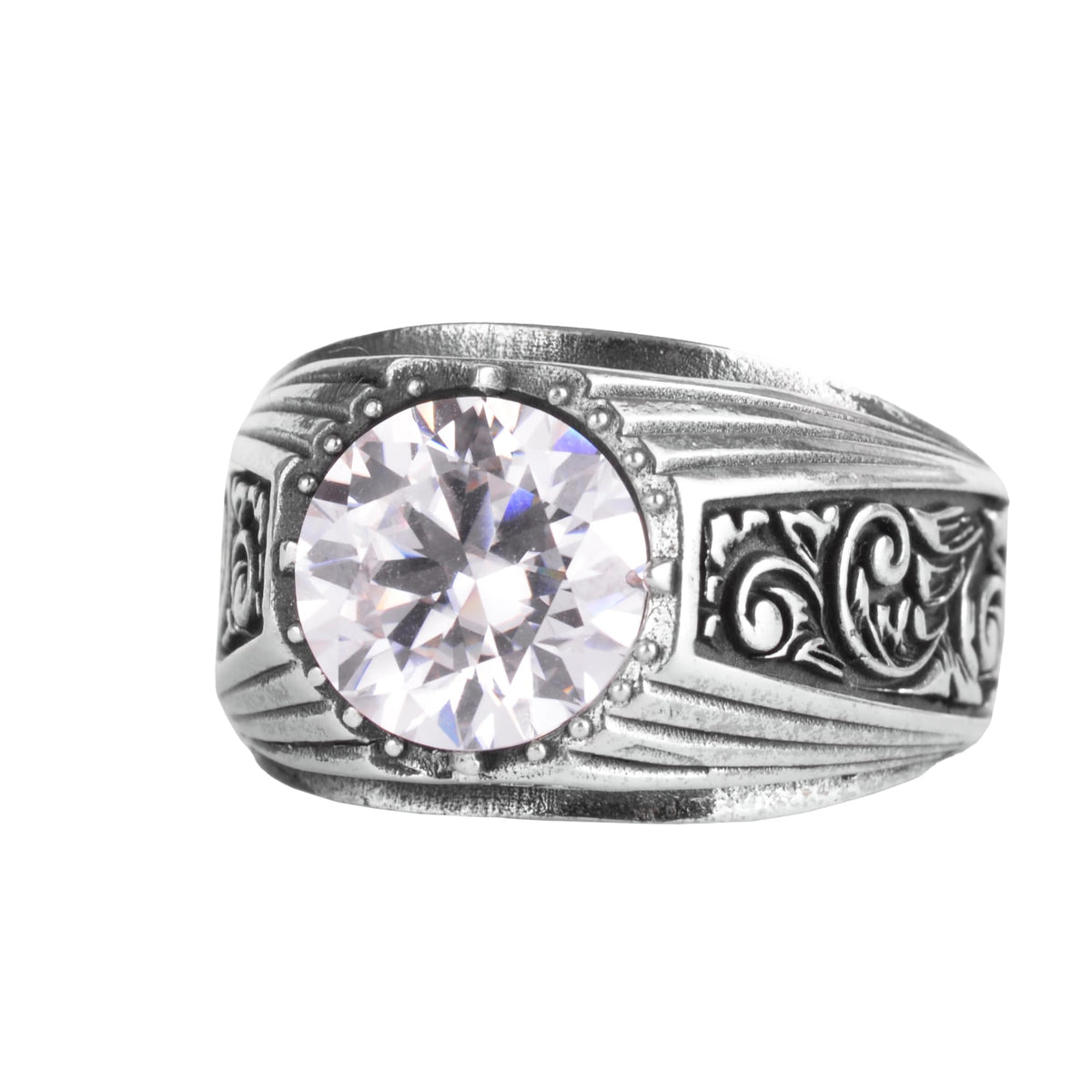 KAMBO Certified Natural Diamond Moissanite Stone Men's Ring 925 Sterling Silver – Ottoman Pattern Round Statement Ring Details