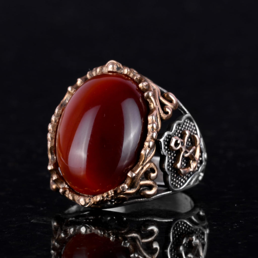 Nautical Anchor Silver Ring, Natural Stone Ring, 925 Sterling Silver Ring (Red Agate) — 5