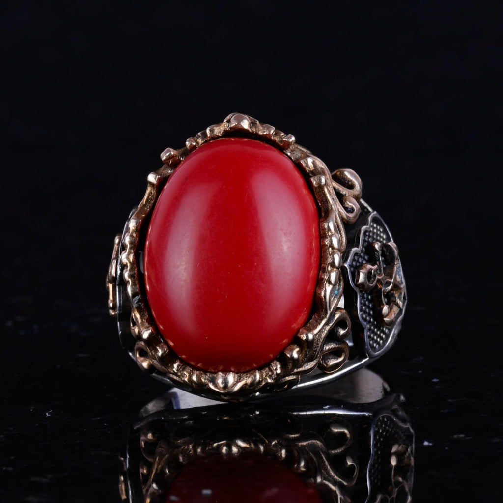 Red Coral Synthetic Stone Ring, Nautical Rope Pattern Silver Ring, 925 Sterling Silver Ring — 4