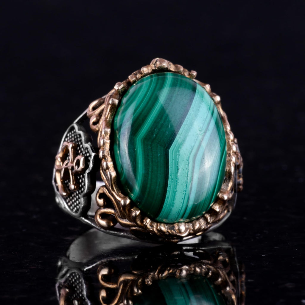 Natural Malachite Stone Ring - 925 Sterling Silver Men's Ring (Model-3) — 6