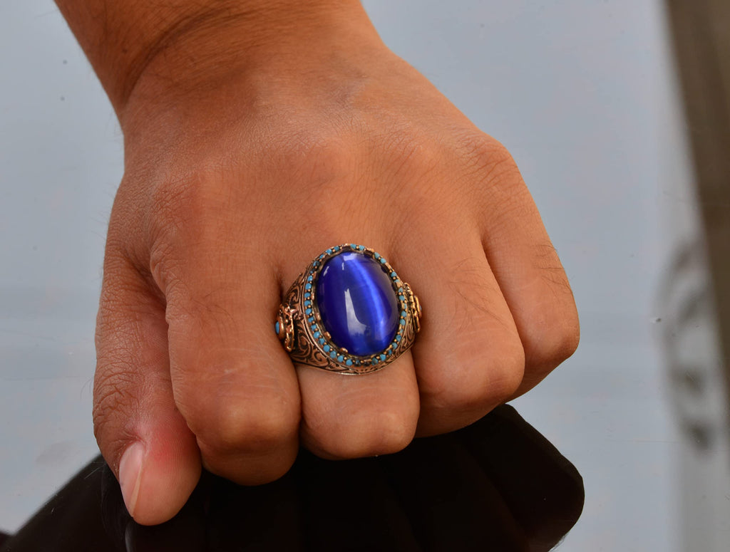 Silver Men's King Ring - Synthetic Blue Eye Stone — 7