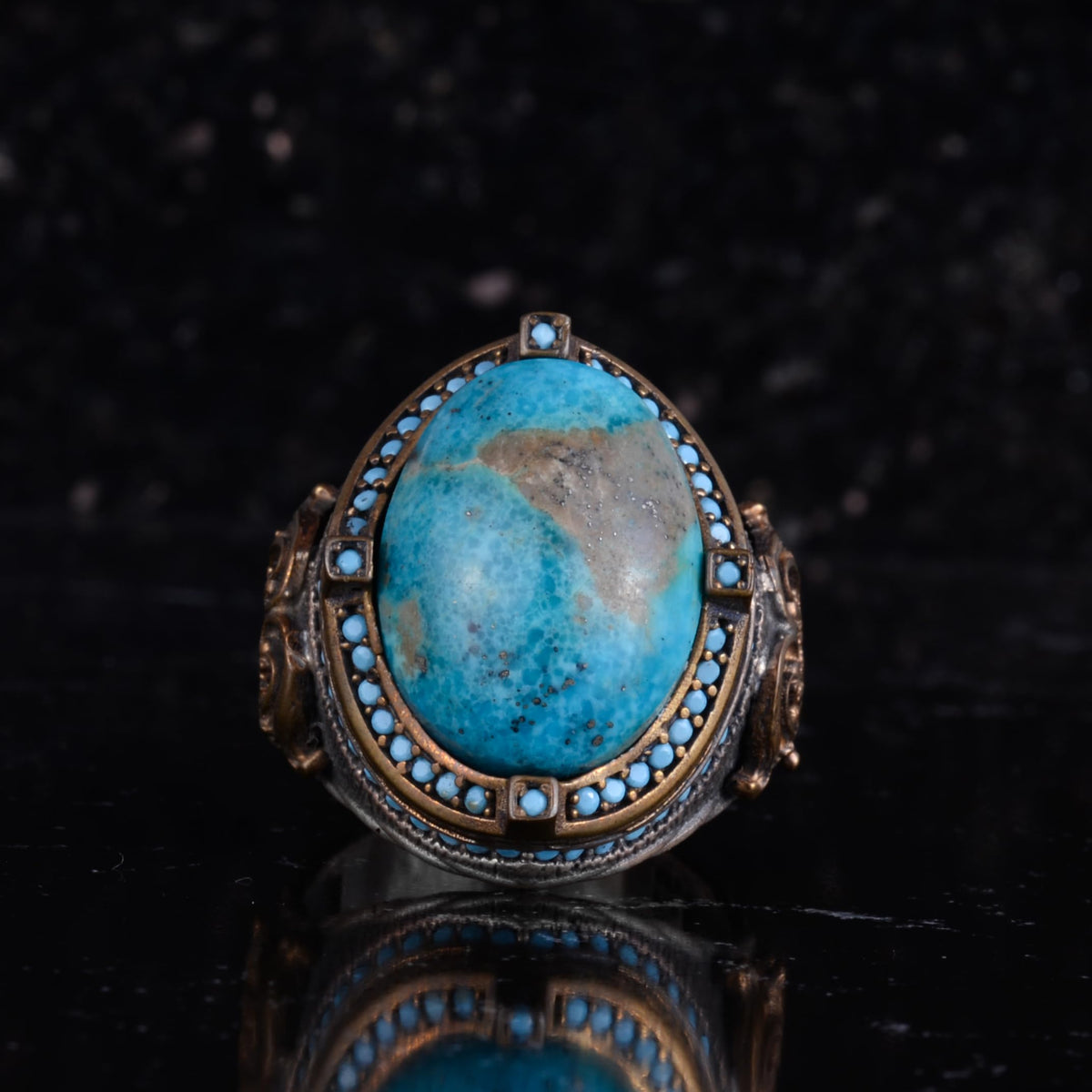 KAMBO Natural Turquoise Stone 925 Sterling Silver Men's Ring Handmade Vintage Ottoman Style Statement Ring Thick Blue Stone Jewelry for Men — 4