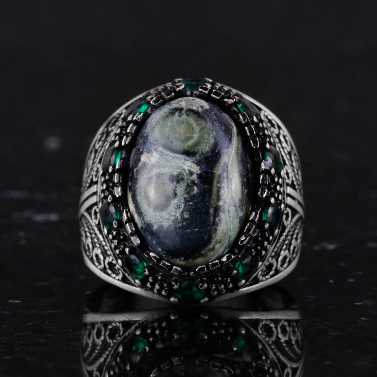 Natural Green Eye Stone Ring - Handmade 925 Sterling Silver Men's Jewelry — 4