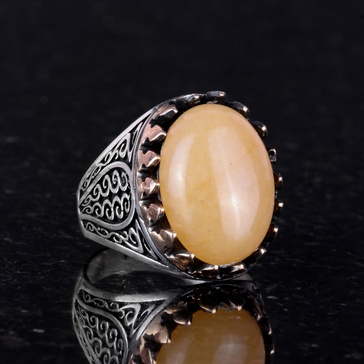 925 Sterling Silver Men's Ring - Yellow Agate Stone (Model-2) — 3