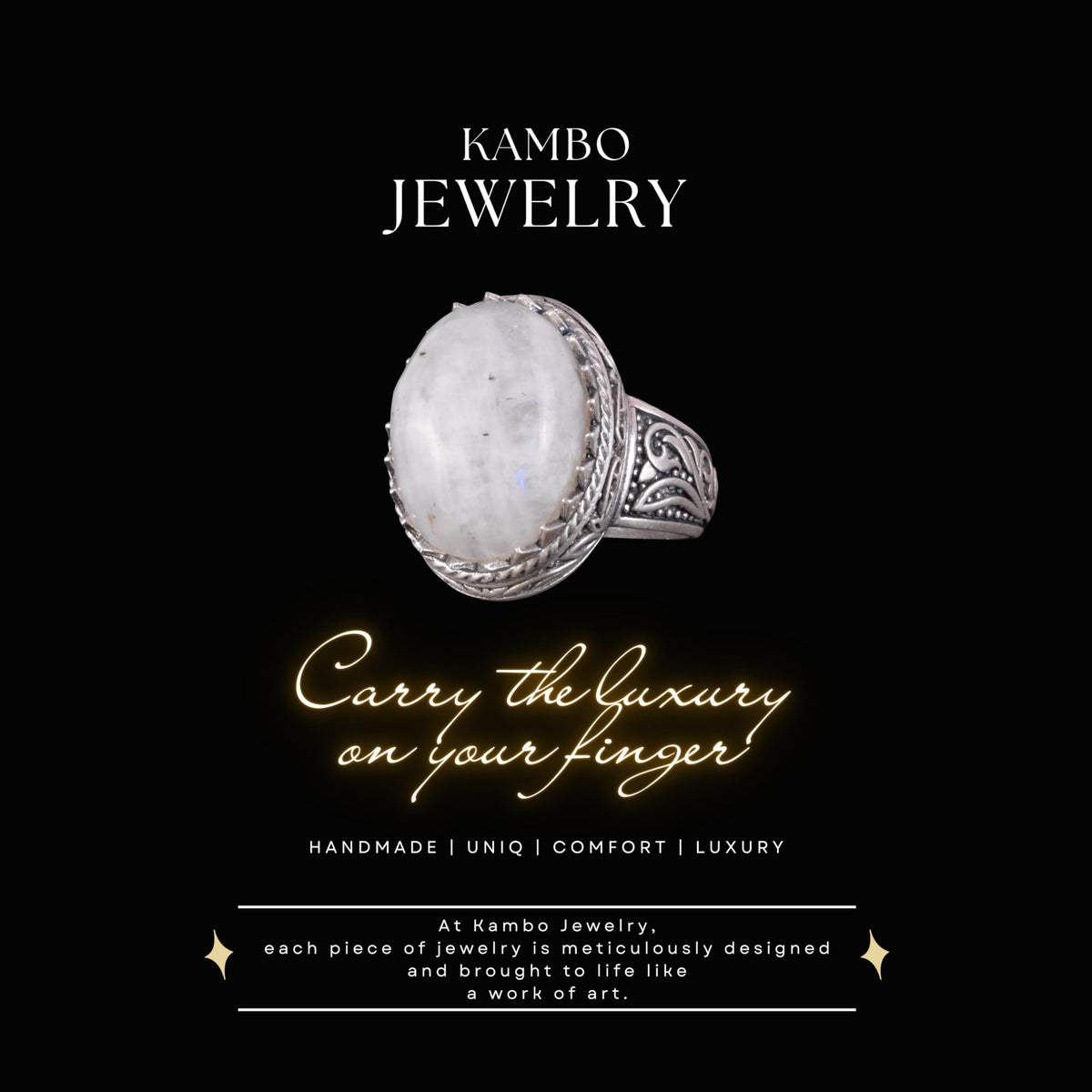 Kambo Handcrafted Moonstone Gemstone Ring - Mystical 925K Solid Silver Men's Ring - Lunar Radiance Design — 3