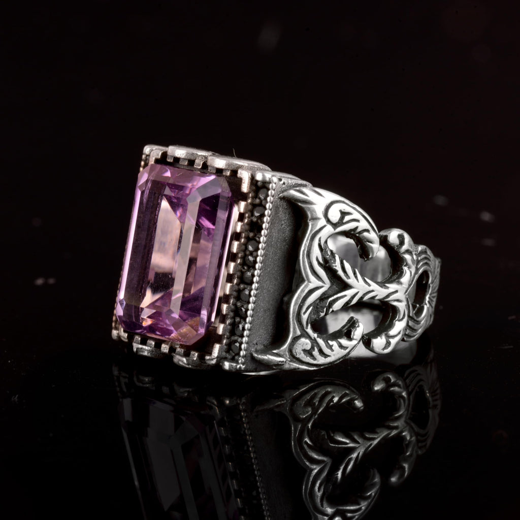 Natural Amethyst Stone Ring, 925 Sterling Silver Men's Ring (Model-2) — 4