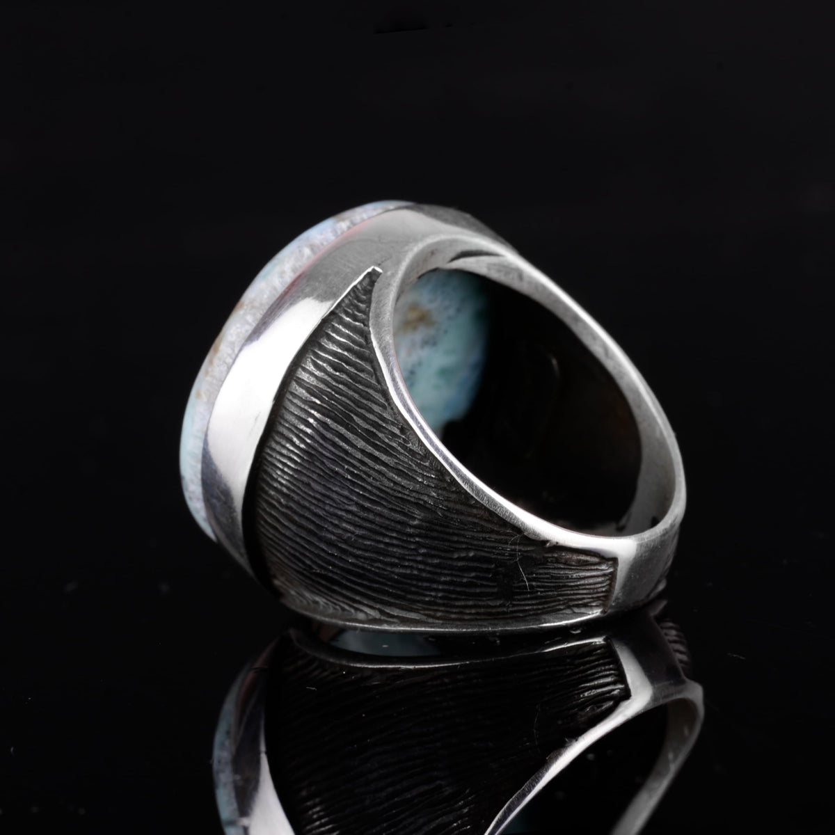KAMBO 925 Sterling Silver Natural Stone Large Men's Ring – Handmade Round Shape Statement Silver Jewelry (Larimar) — 7