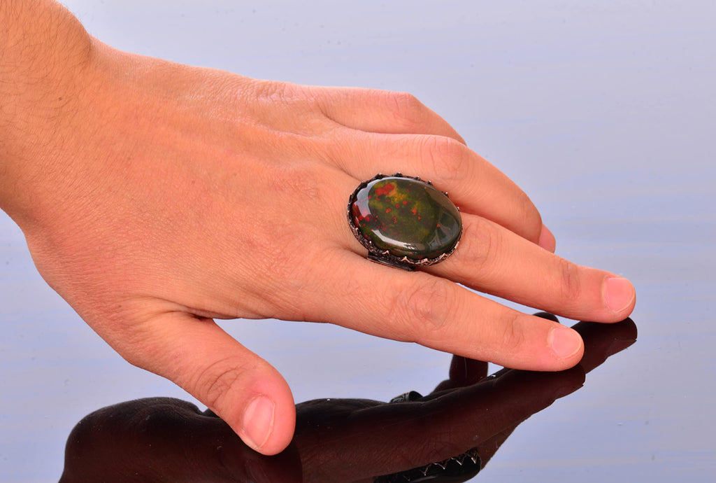 Large Handmade 925 Sterling Silver Men's Ring with Real Bloodstone — 6