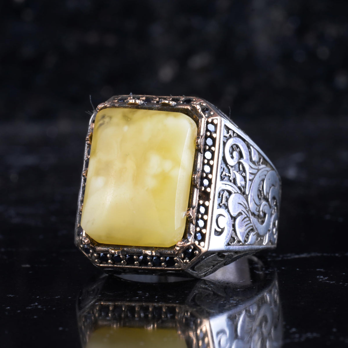 KAMBO Natural Stone Ring for Men 925 Sterling Silver - Rectangular Statement Ring Handmade Jewelry (Amber) — 4