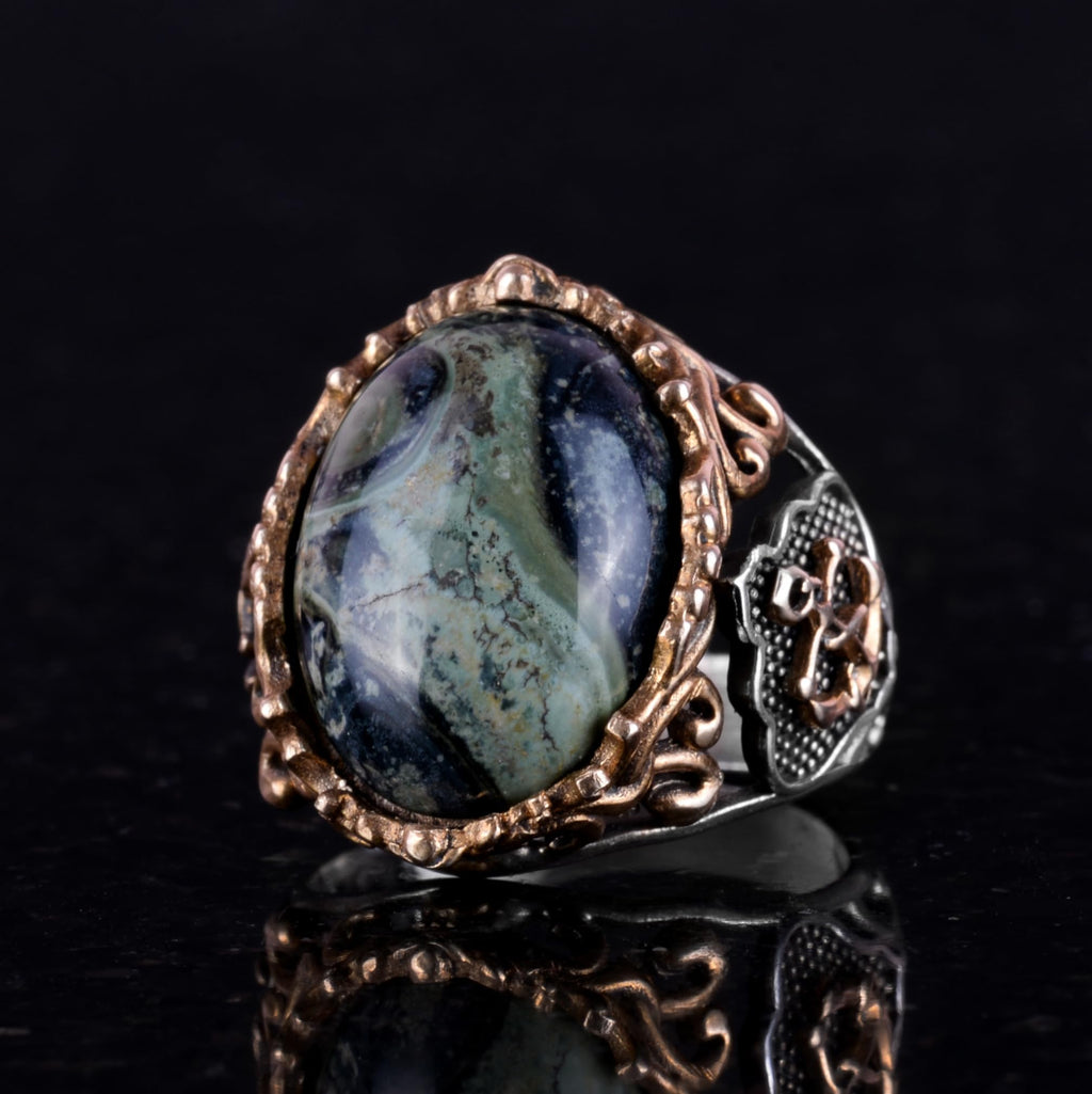 Anchor Ring, Green Blue Stone Ring - 925 Sterling Silver Men's Ring — 4