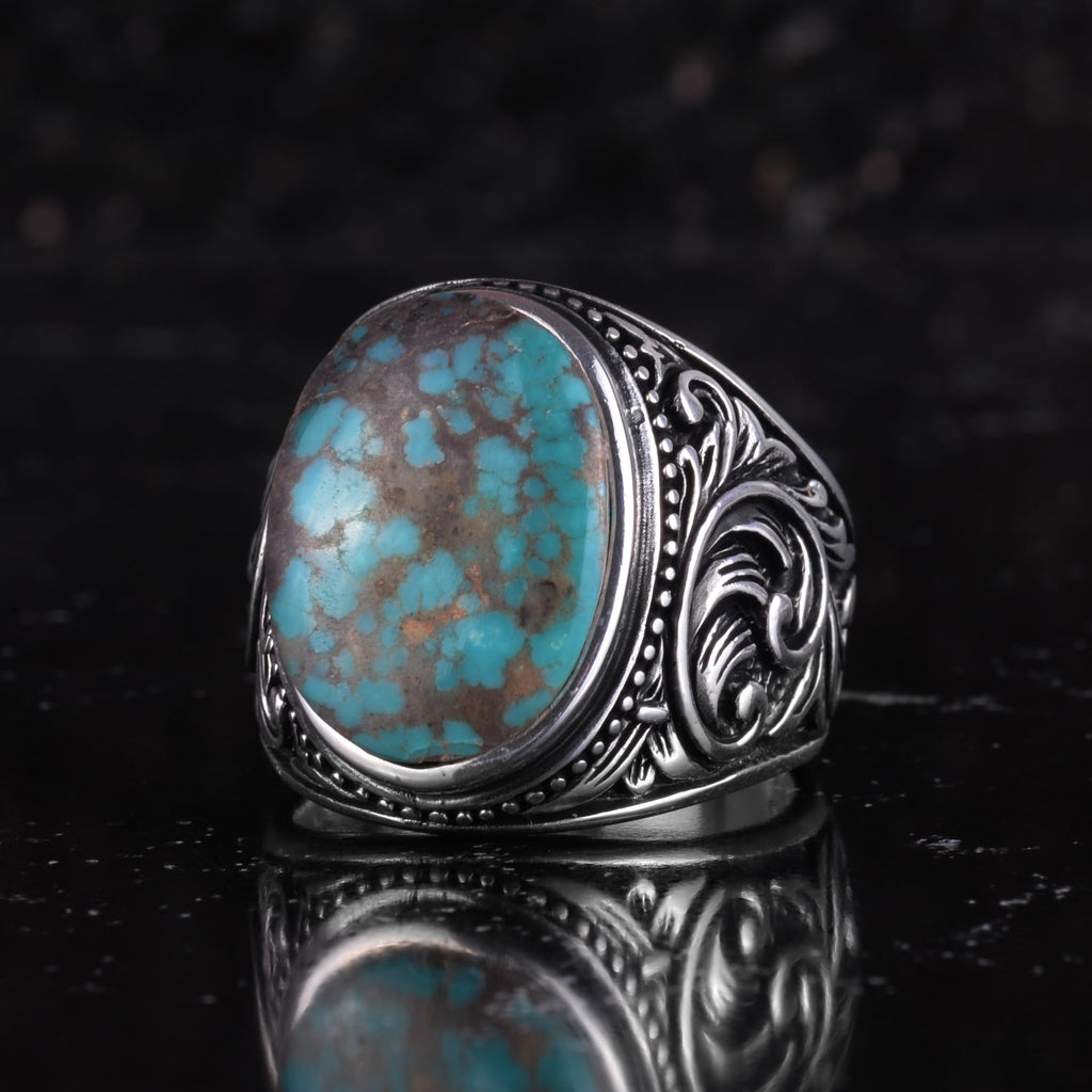 KAMBO Natural Turquoise Stone Men's Ring 925 Sterling Silver Oval Cabochon Ottoman Sliding Pattern Handmade Vintage Style Ring (Turquoise-1) — 5