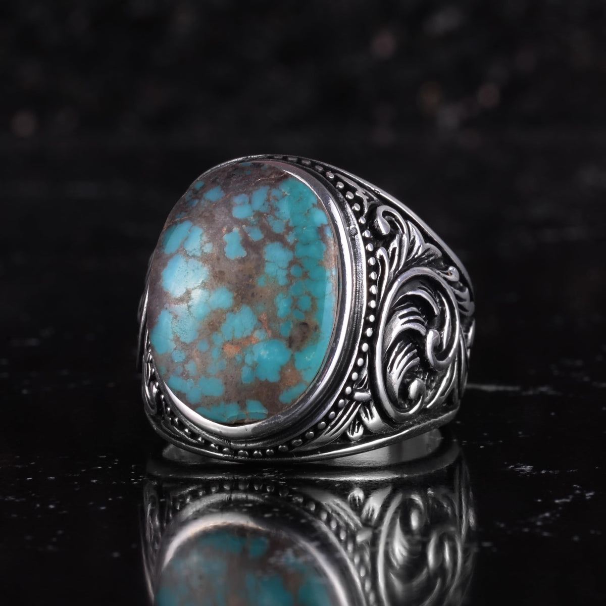 KAMBO Natural Turquoise Stone Men's Ring 925 Sterling Silver Oval Cabochon Ottoman Sliding Pattern Handmade Vintage Style Ring (Turquoise-1) — 5