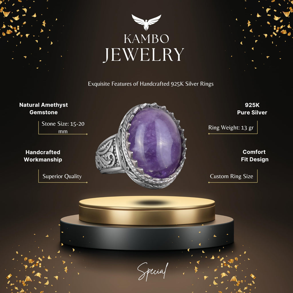 Handmade Natural Amethyst Stone Ring - 925 Sterling Silver Men's Ring — 2