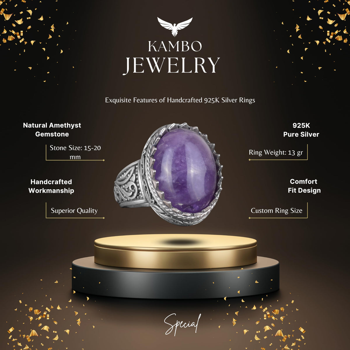 Handmade Natural Amethyst Stone Ring - 925 Sterling Silver Men's Ring — 2