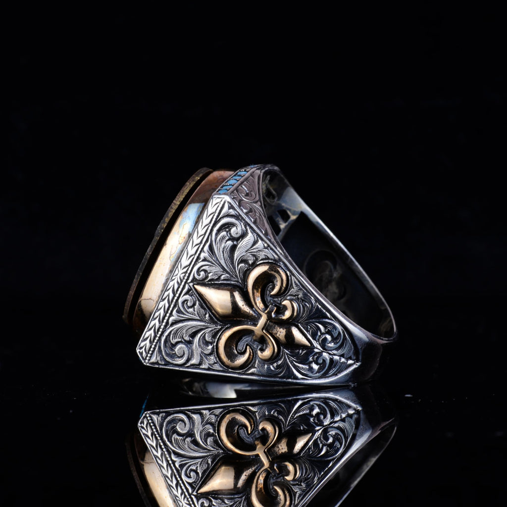 KAMBO Islamic Calligraphy Men's Ring – 925 Sterling Silver Ottoman Style Gold Tone Inscribed Large Ring — 6