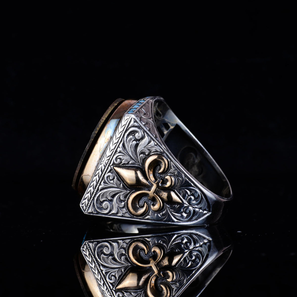 KAMBO Islamic Calligraphy Men's Ring – 925 Sterling Silver Ottoman Style Gold Tone Inscribed Large Ring — 6