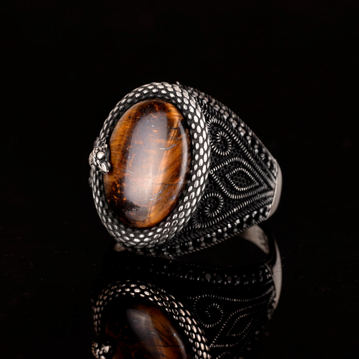 KAMBO Natural Tiger's Eye Gemstone Ring, Snake Silver Ring, 925 Sterling Silver Men's Ring — 5