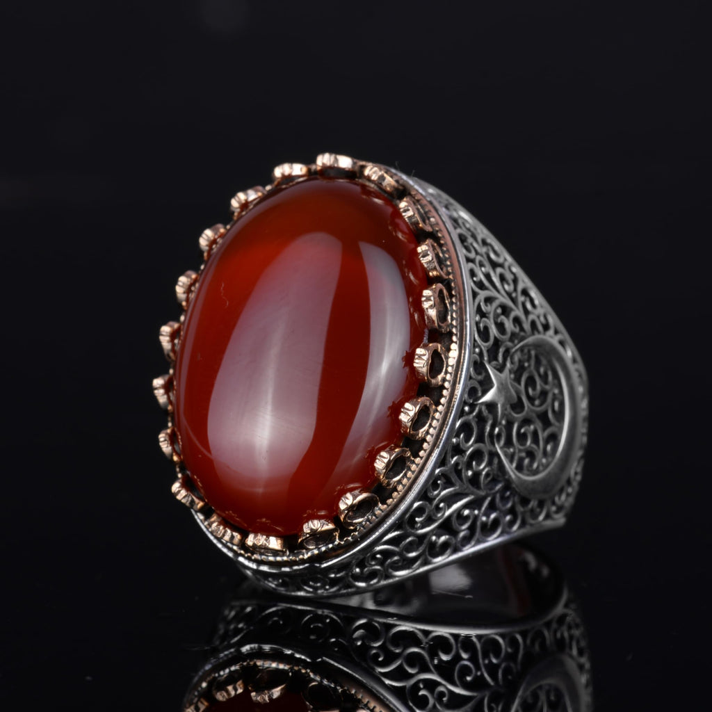 KAMBO 925 Sterling Silver Men's Natural Stone Ring - Moon and Star Design - Handmade Vintage Jewelry (Red Agate) — 7