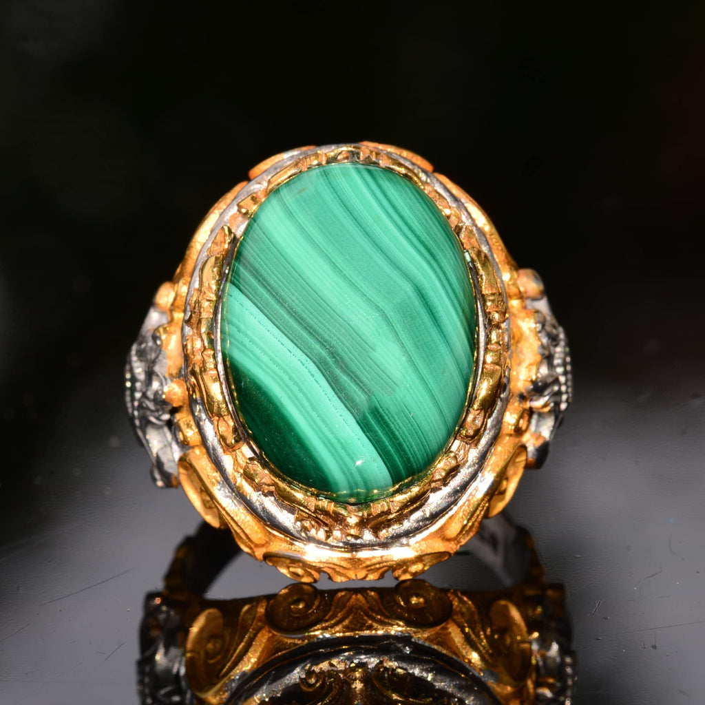 Natural Malachite Stone, 925 Sterling Silver Big Ring, Malachite Ring, Gold Plated — 5