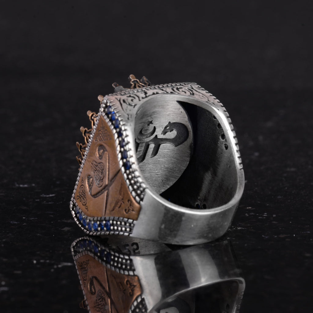 925 Sterling Silver Islamic Ring, Synthetic Stone Ring, Handmade Calligraphy Ring (Synthetic Blue Stone) — 7