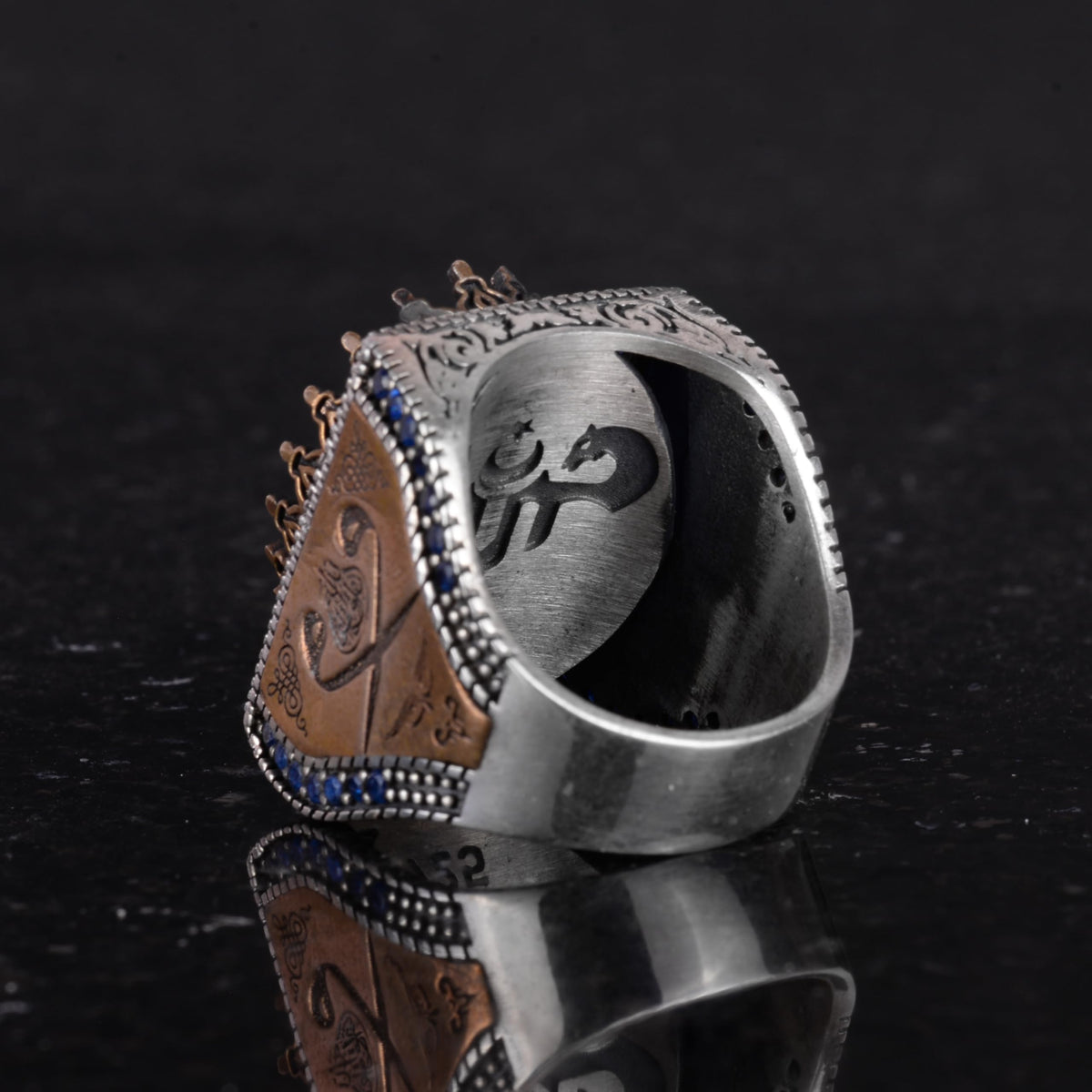 925 Sterling Silver Islamic Ring, Synthetic Stone Ring, Handmade Calligraphy Ring (Synthetic Blue Stone) — 7